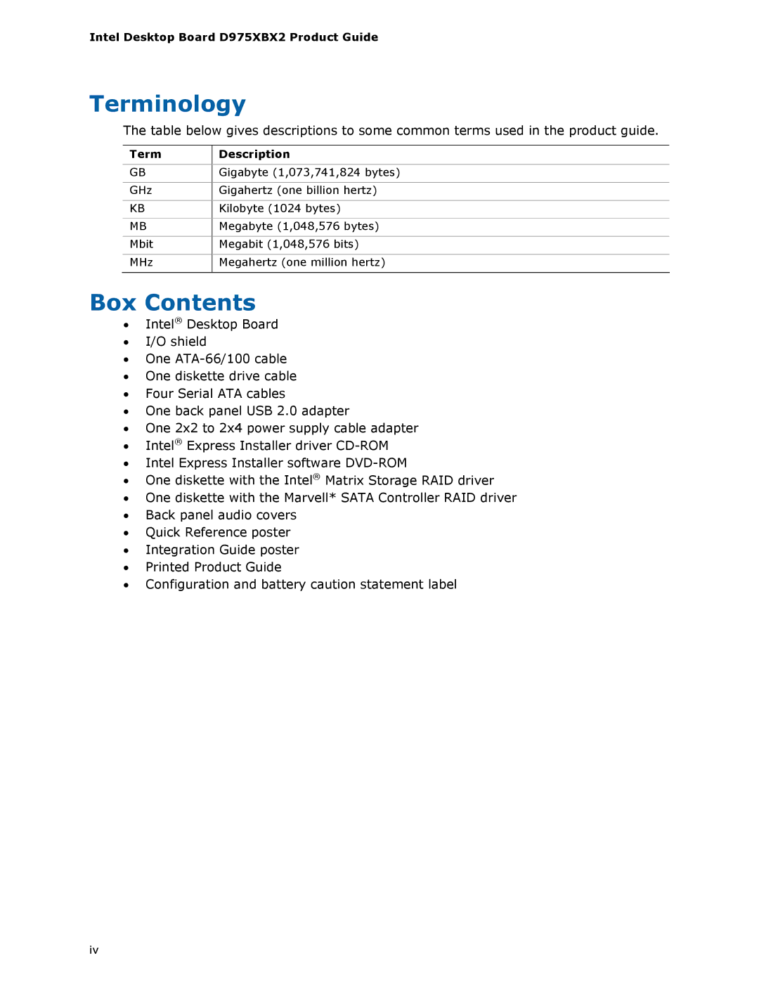 Intel D975XBX2 manual Terminology, Box Contents 