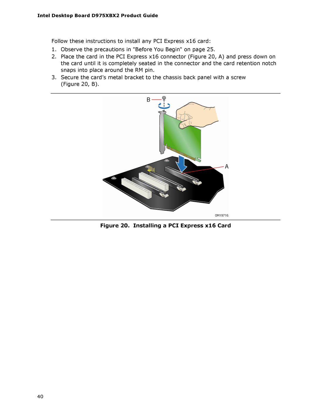 Intel D975XBX2 manual Installing a PCI Express x16 Card 