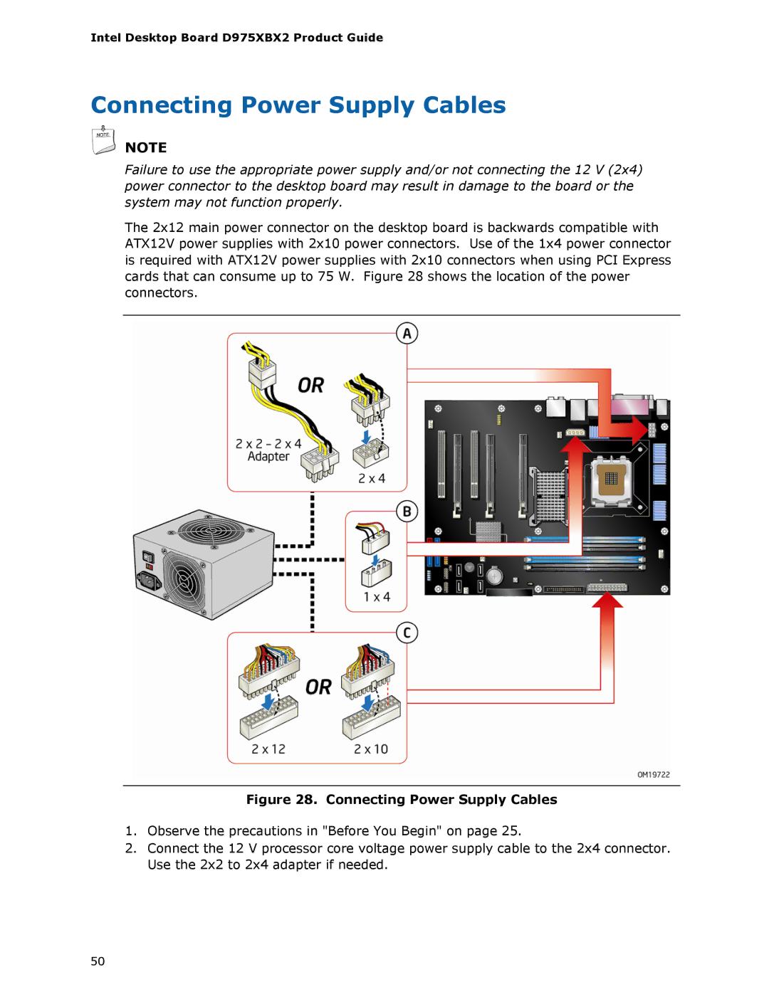 Intel D975XBX2 manual Connecting Power Supply Cables 