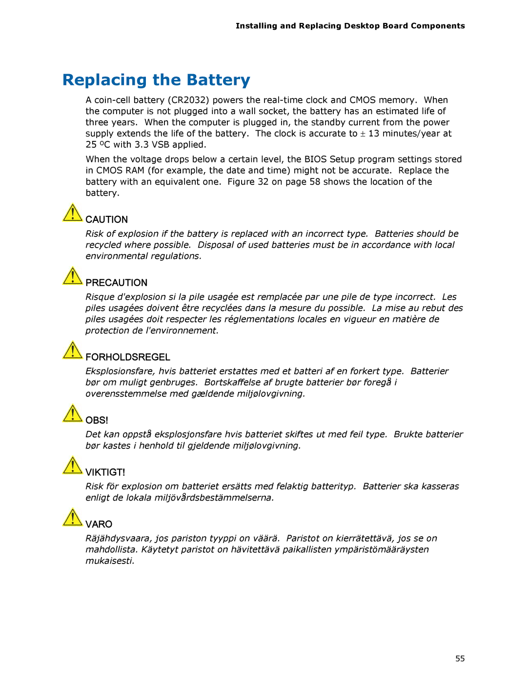 Intel D975XBX2 manual Replacing the Battery, Precaution 