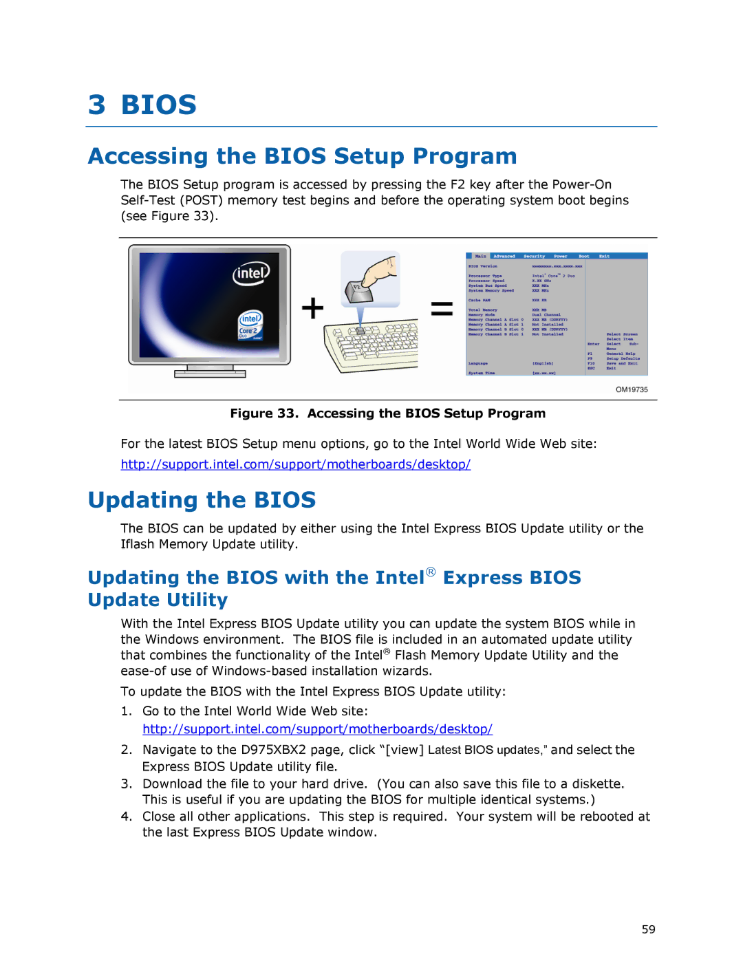 Intel D975XBX2 manual Accessing the Bios Setup Program, Updating the Bios 