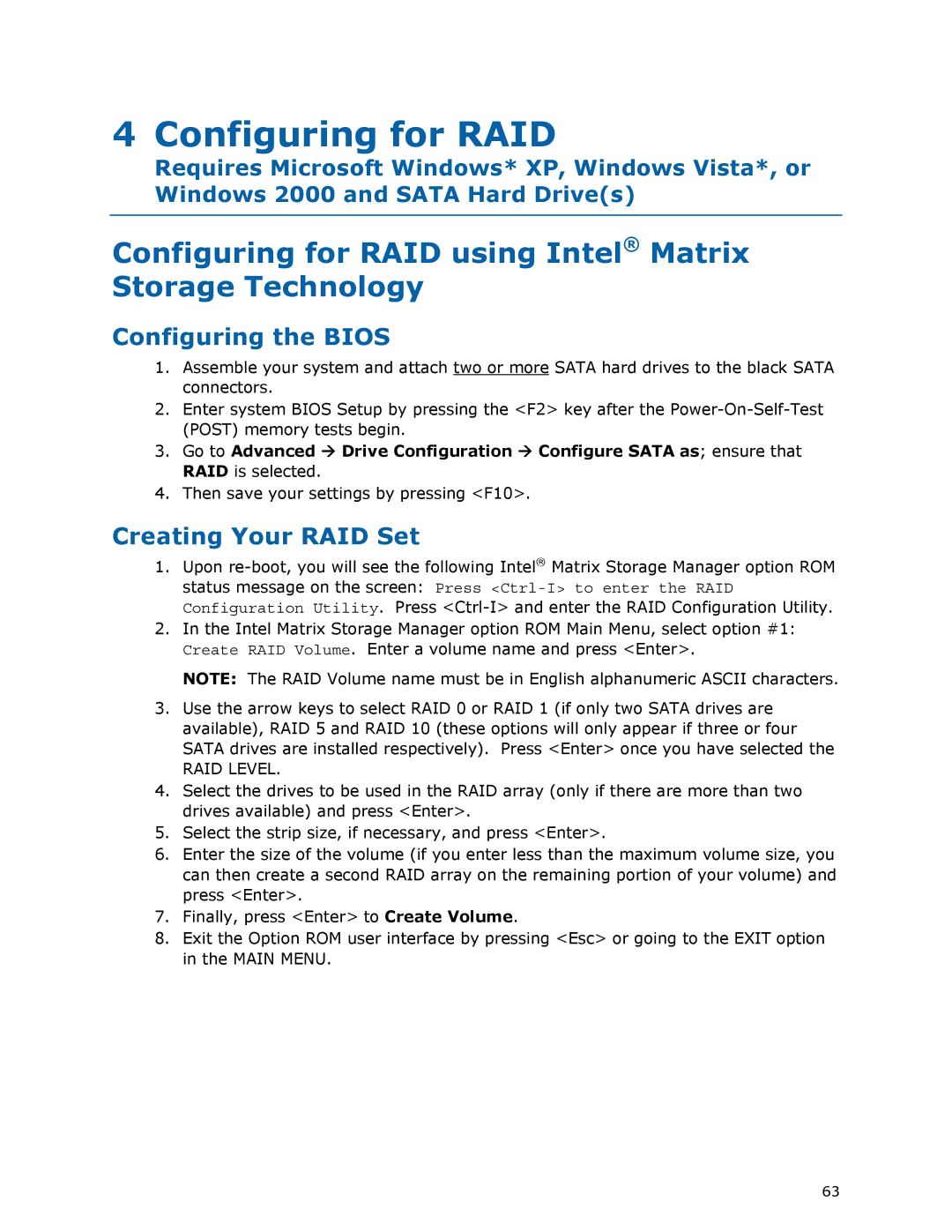 Intel D975XBX2 manual Configuring for RAID using Intel Matrix Storage Technology, Configuring the Bios 