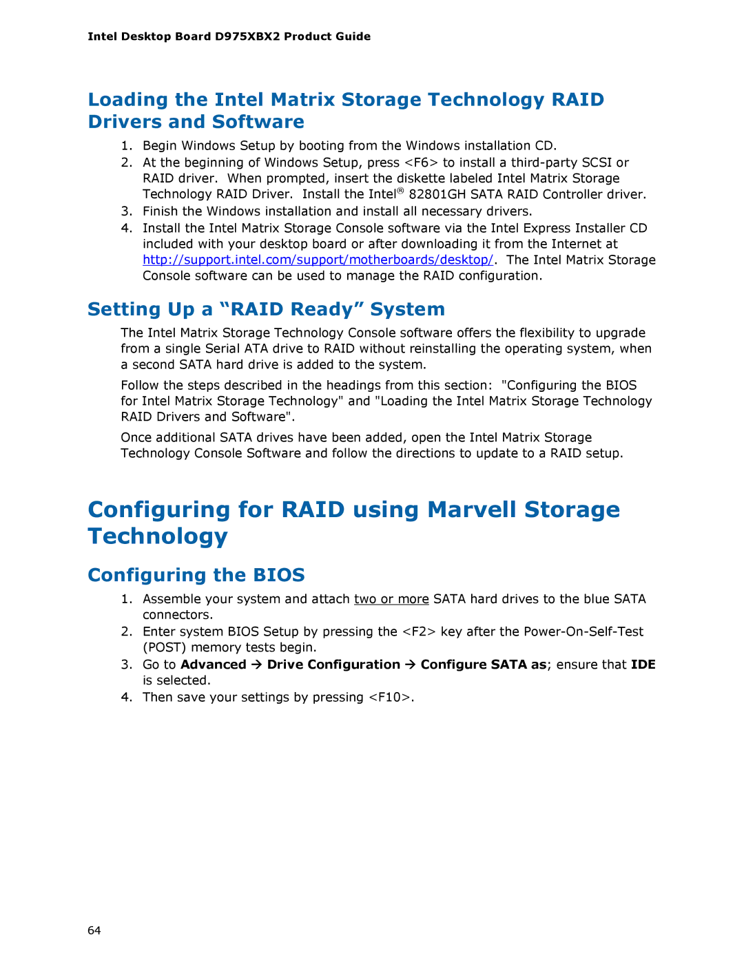 Intel D975XBX2 manual Configuring for RAID using Marvell Storage Technology, Setting Up a RAID Ready System 