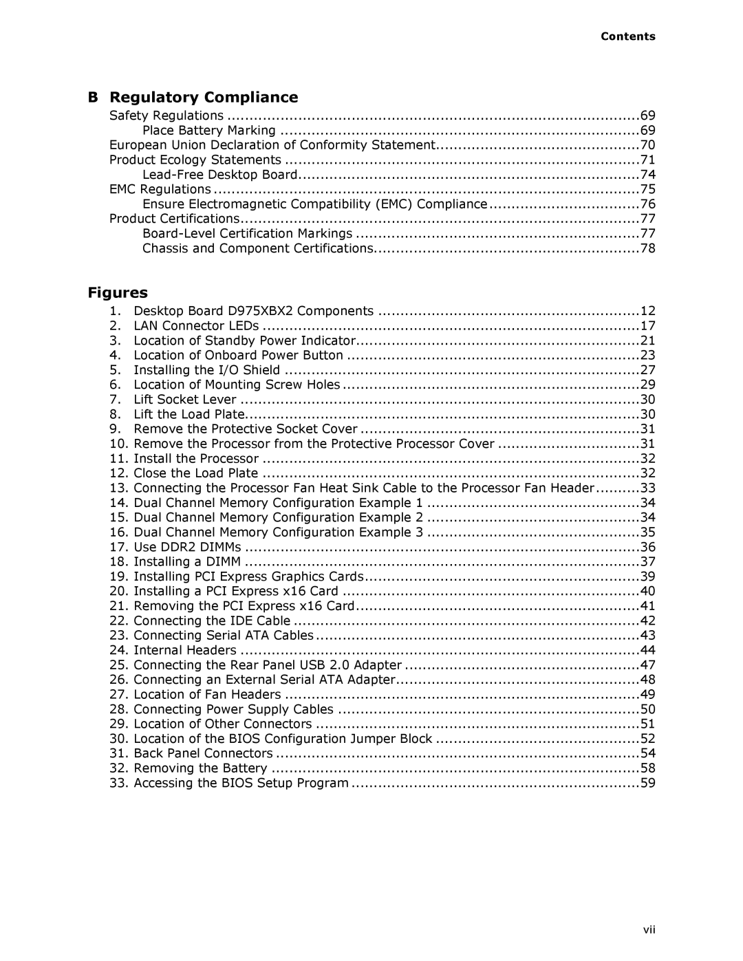 Intel D975XBX2 manual Regulatory Compliance, Contents 