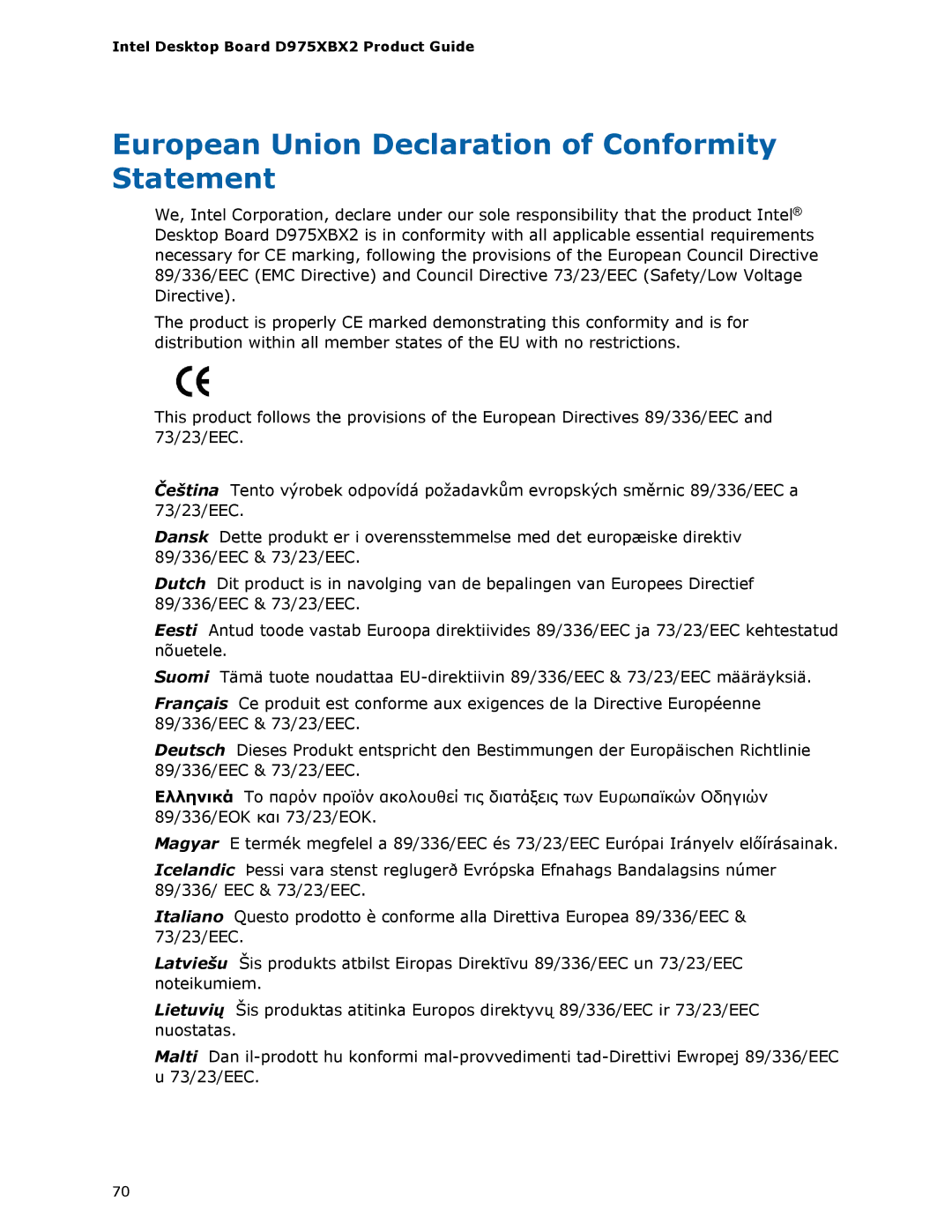 Intel D975XBX2 manual European Union Declaration of Conformity Statement 