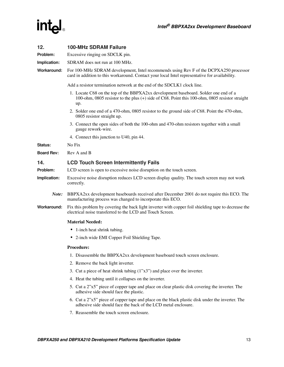 Intel DBPXA250, DBPXA210 specifications MHz Sdram Failure, LCD Touch Screen Intermittently Fails 