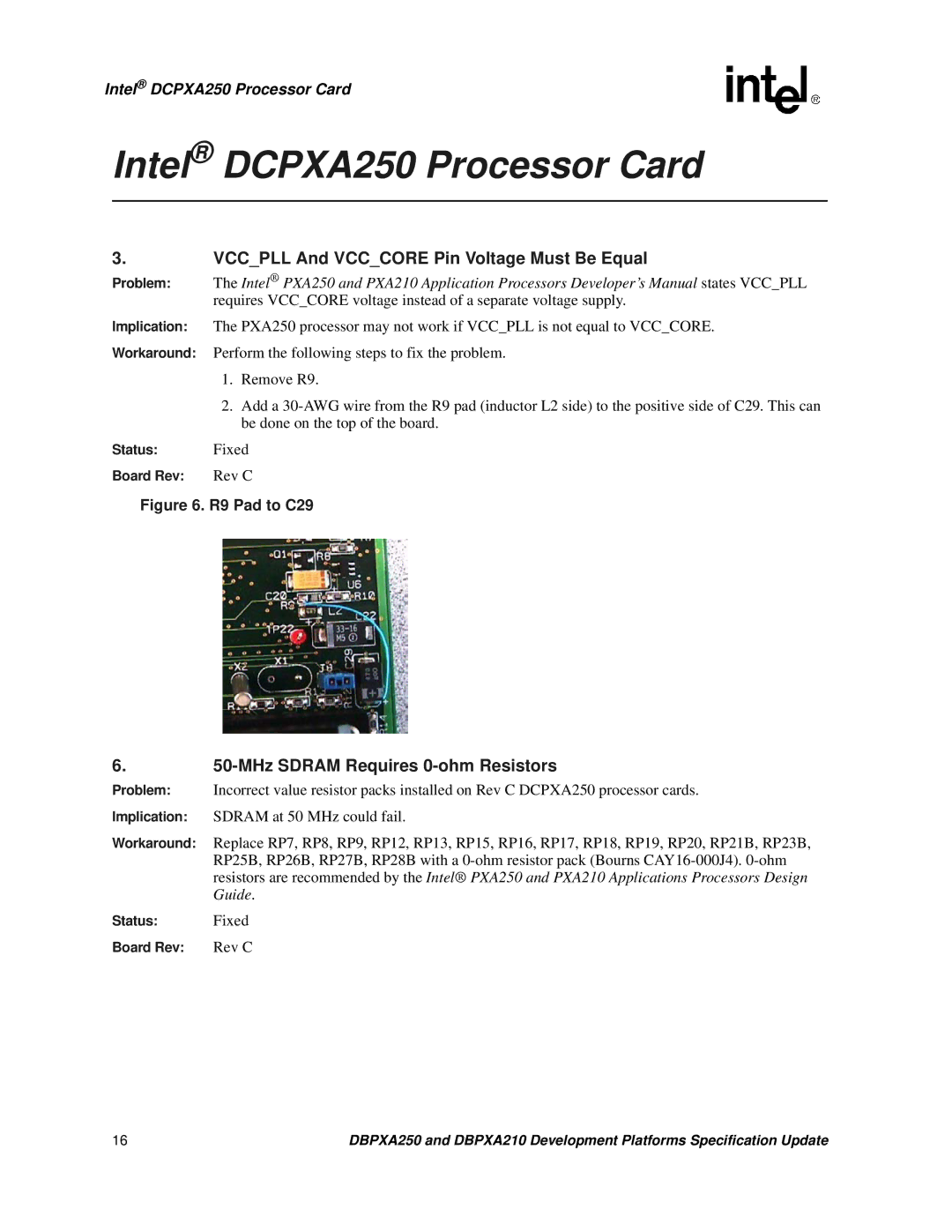 Intel DBPXA210, DBPXA250 specifications Intel DCPXA250 Processor Card, Vccpll And Vcccore Pin Voltage Must Be Equal 