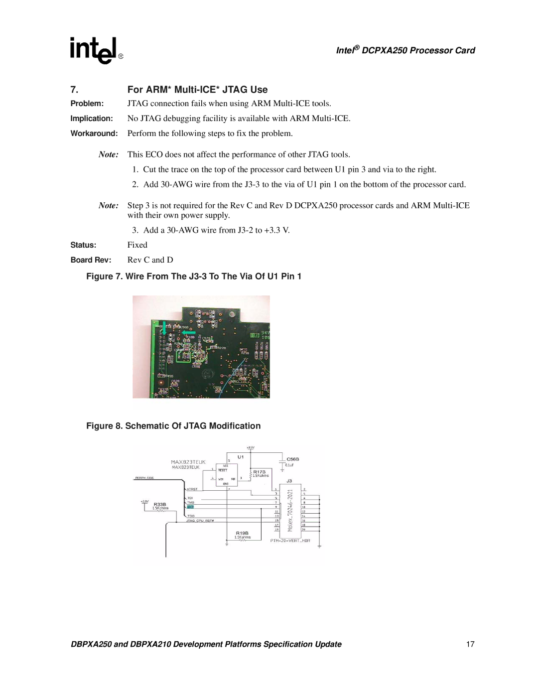 Intel DBPXA250, DBPXA210 specifications For ARM* Multi-ICE* Jtag Use, Wire From The J3-3 To The Via Of U1 Pin 