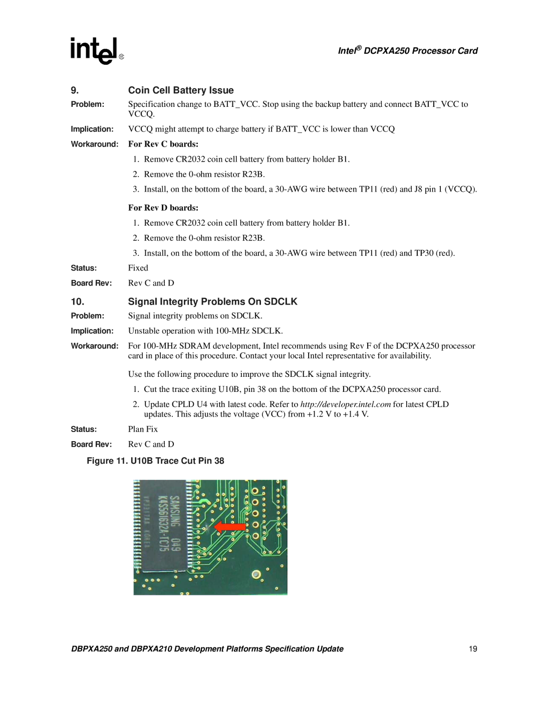 Intel DBPXA250, DBPXA210 specifications Coin Cell Battery Issue, Signal Integrity Problems On Sdclk 