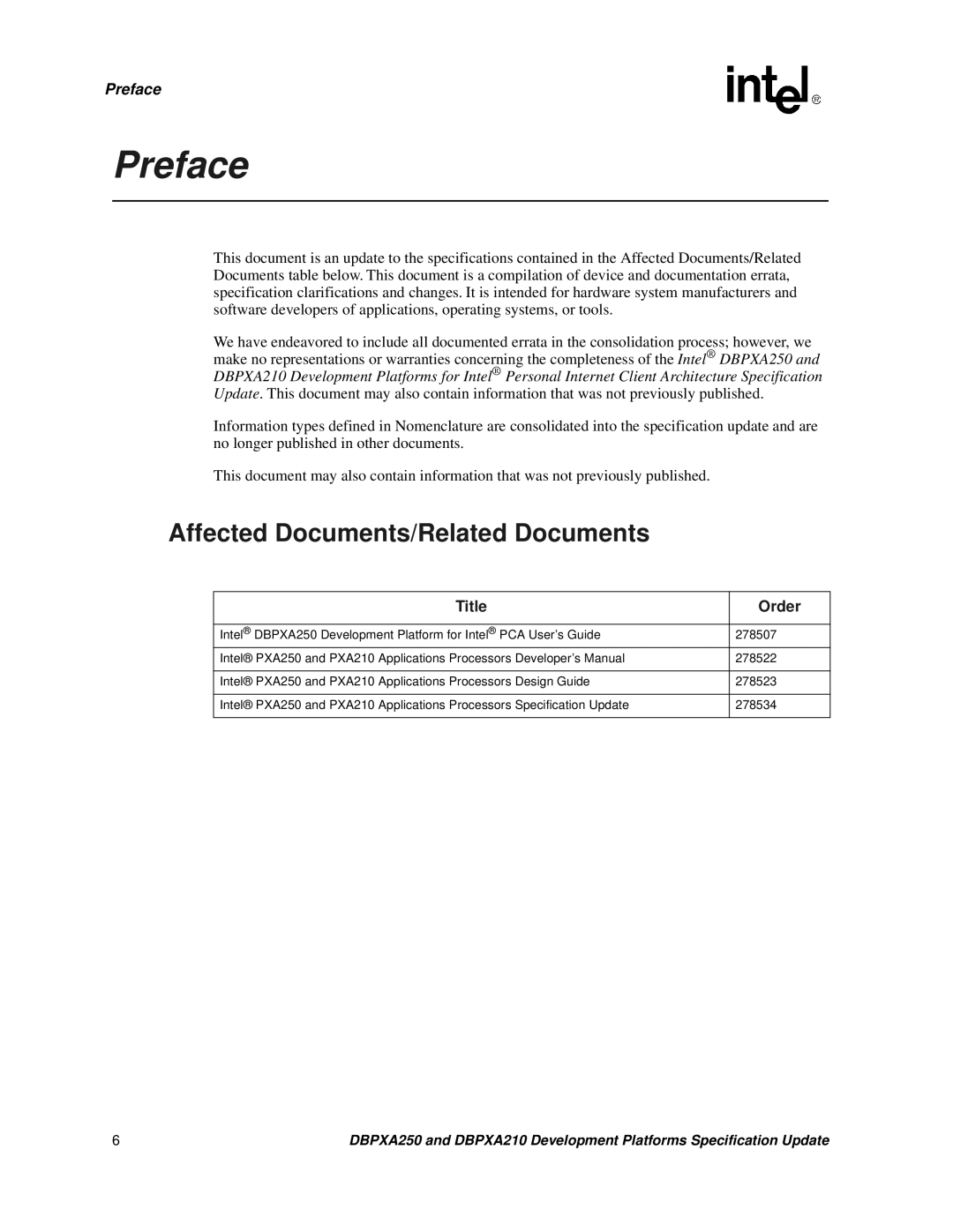 Intel DBPXA210, DBPXA250 specifications Preface, Affected Documents/Related Documents 