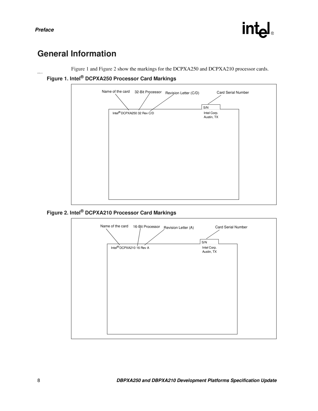 Intel DBPXA210, DBPXA250 specifications General Information, Intel DCPXA250 Processor Card Markings 