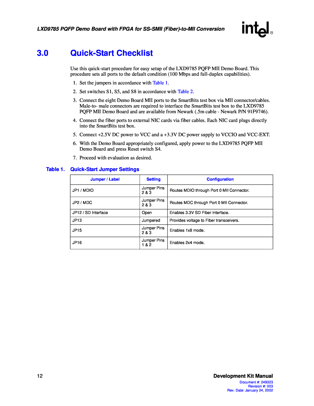 Intel 249323-003 manual Quick-Start Checklist, Quick-Start Jumper Settings 