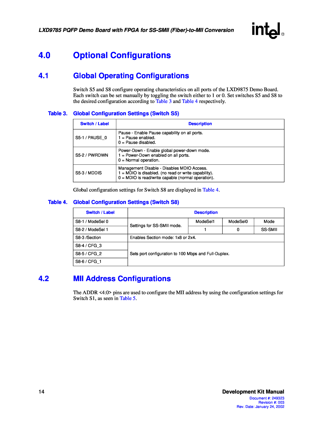 Intel 249323-003 manual Optional Configurations, Global Operating Configurations, MII Address Configurations 