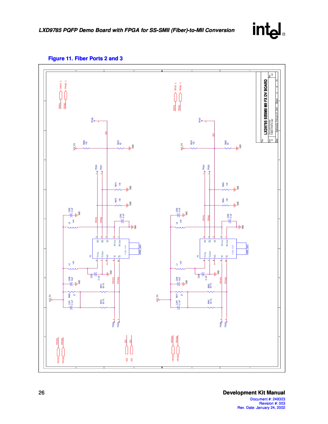 Intel 249323-003 manual FPGA for SS-SMII Fiber-to, Kit Manual, Conversion, Date January, Development, Fiber Port 