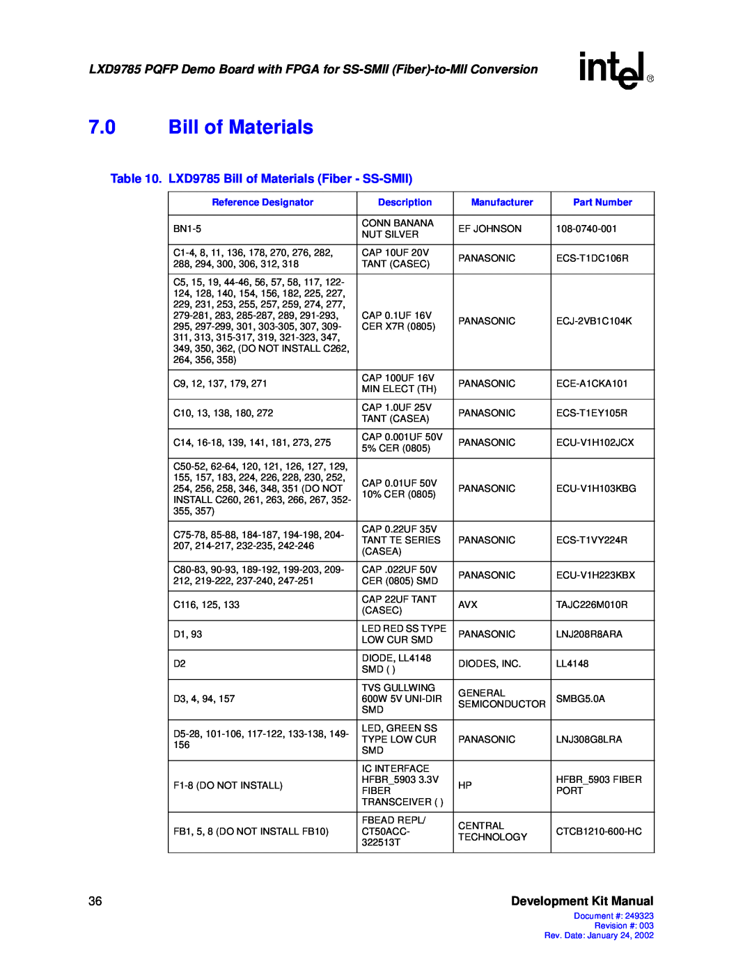 Intel 249323-003 LXD9785 Bill of Materials Fiber - SS-SMII, Development Kit Manual, Reference Designator, Description 