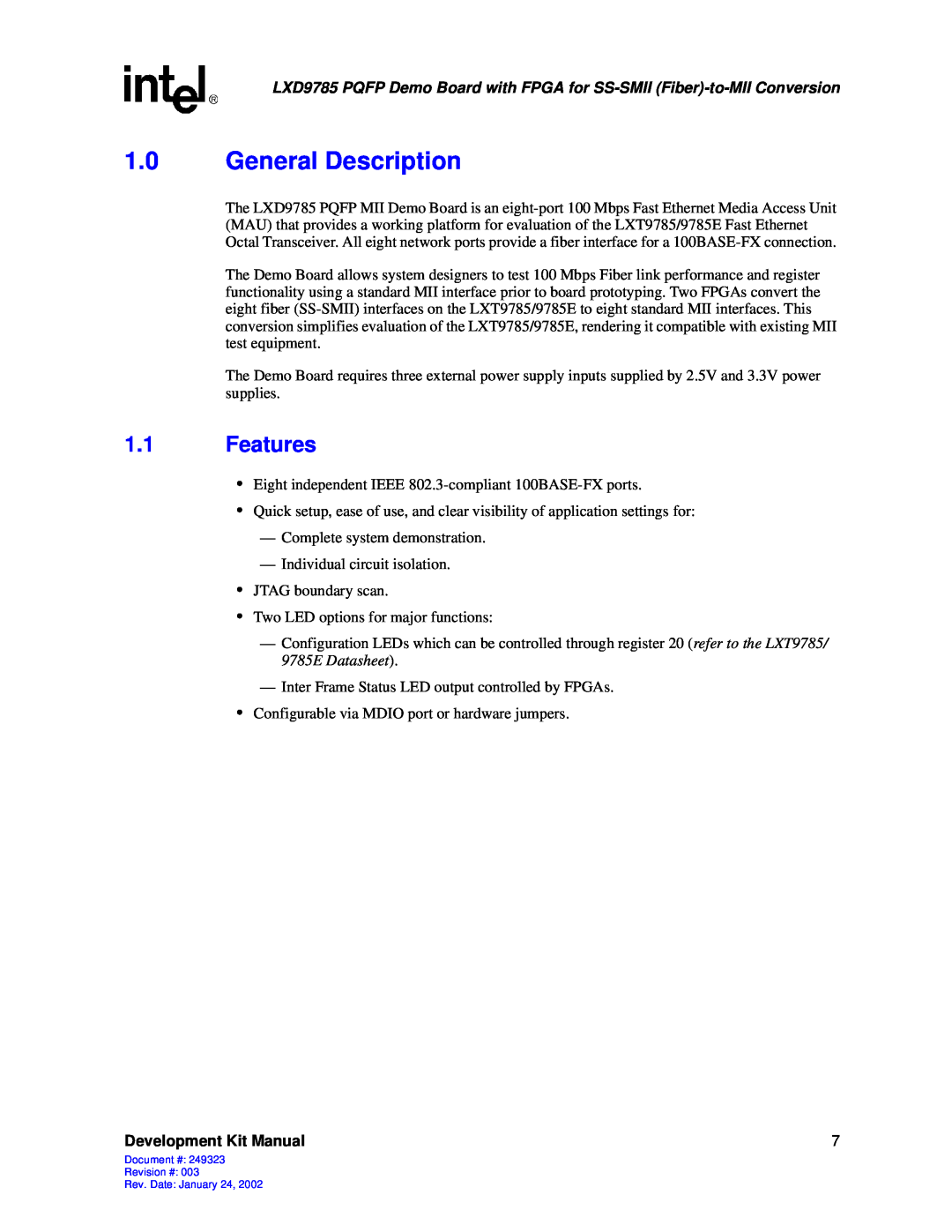 Intel Demo Board with FPGA for SS-SMII (Fiber)-to-MII Conversion General Description, Features, Development Kit Manual 