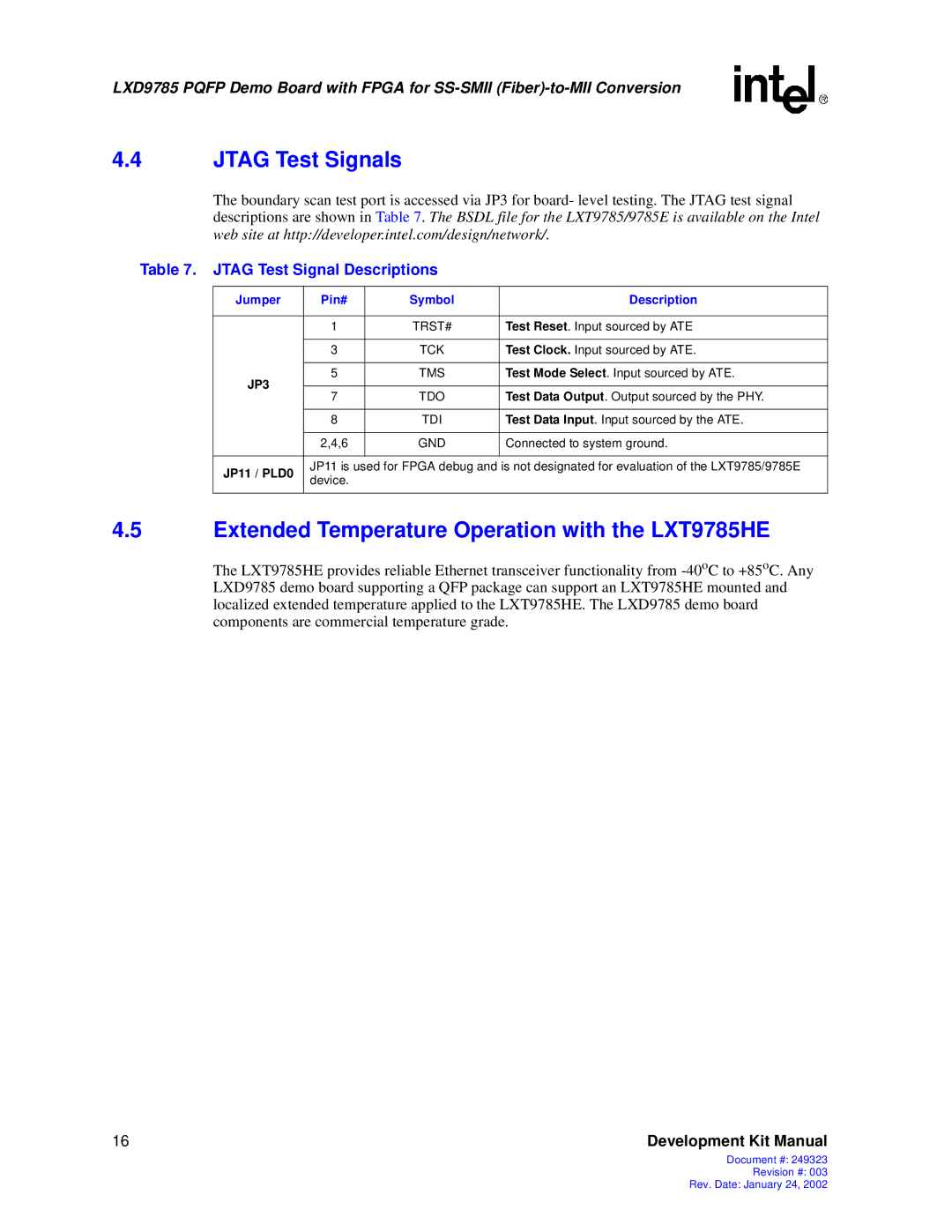 Intel 249323-003 manual Jtag Test Signals, Extended Temperature Operation with the LXT9785HE, Jtag Test Signal Descriptions 