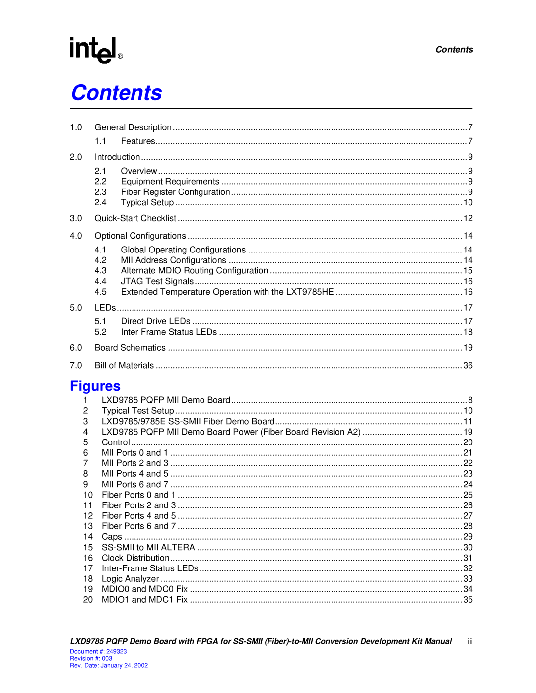 Intel Demo Board with FPGA for SS-SMII (Fiber)-to-MII Conversion, 249323-003 manual Contents 