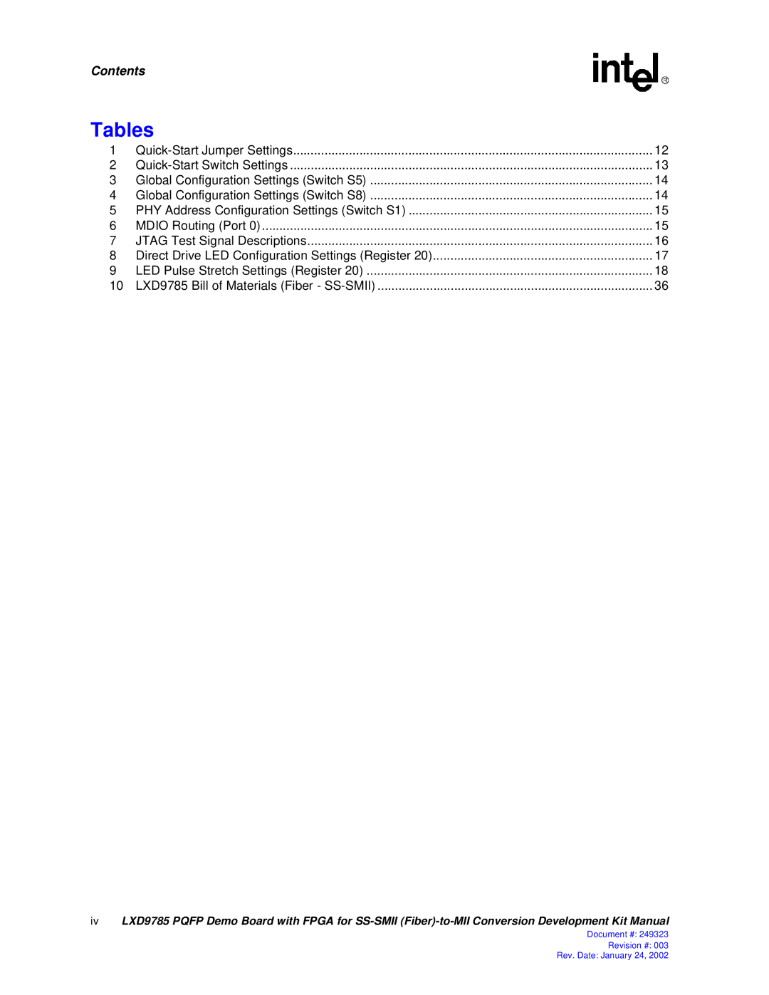 Intel 249323-003, Demo Board with FPGA for SS-SMII (Fiber)-to-MII Conversion manual Tables 