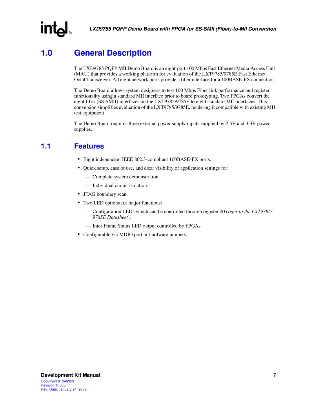 Intel Demo Board with FPGA for SS-SMII (Fiber)-to-MII Conversion, 249323-003 manual General Description, Features 