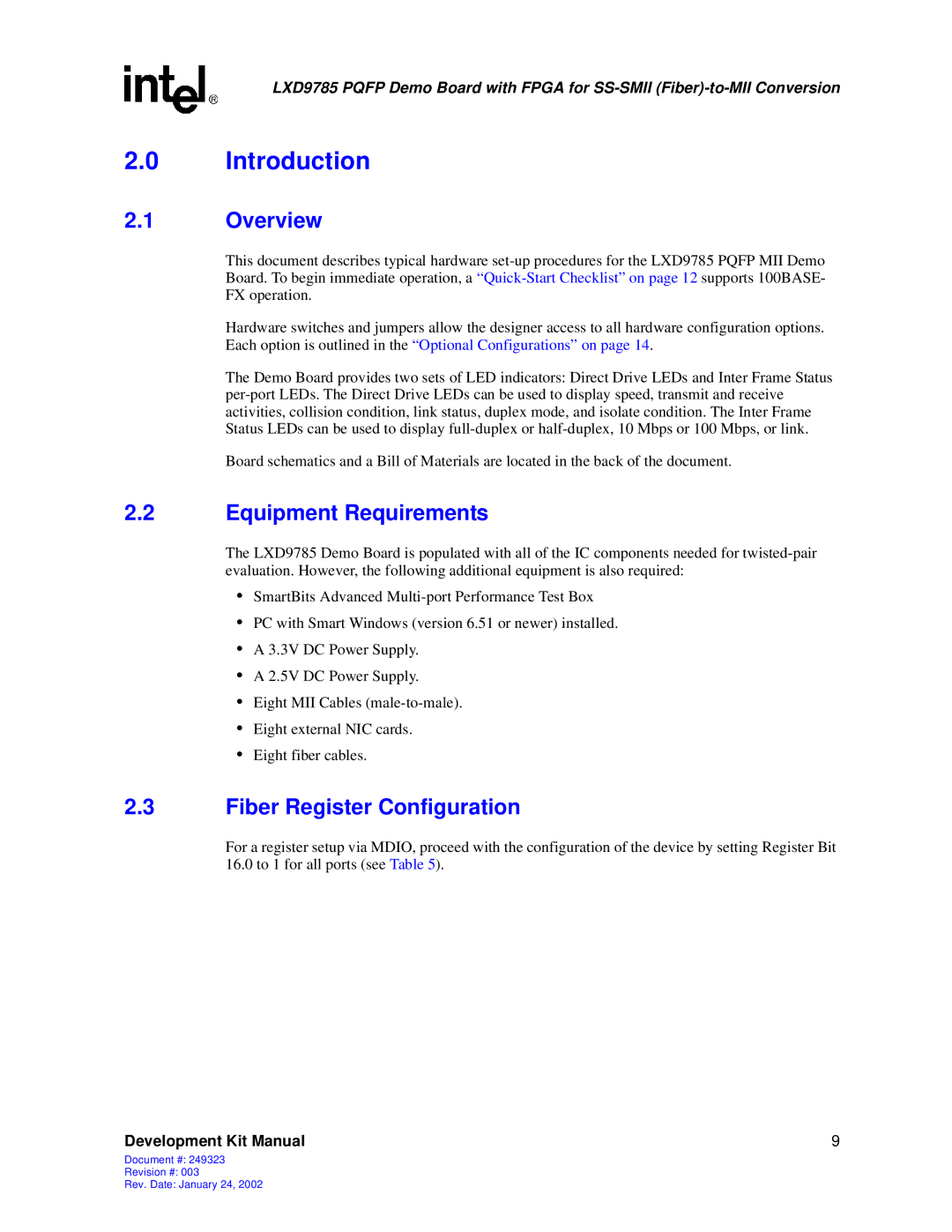 Intel Demo Board with FPGA for SS-SMII (Fiber)-to-MII Conversion manual Introduction, Overview, Equipment Requirements 