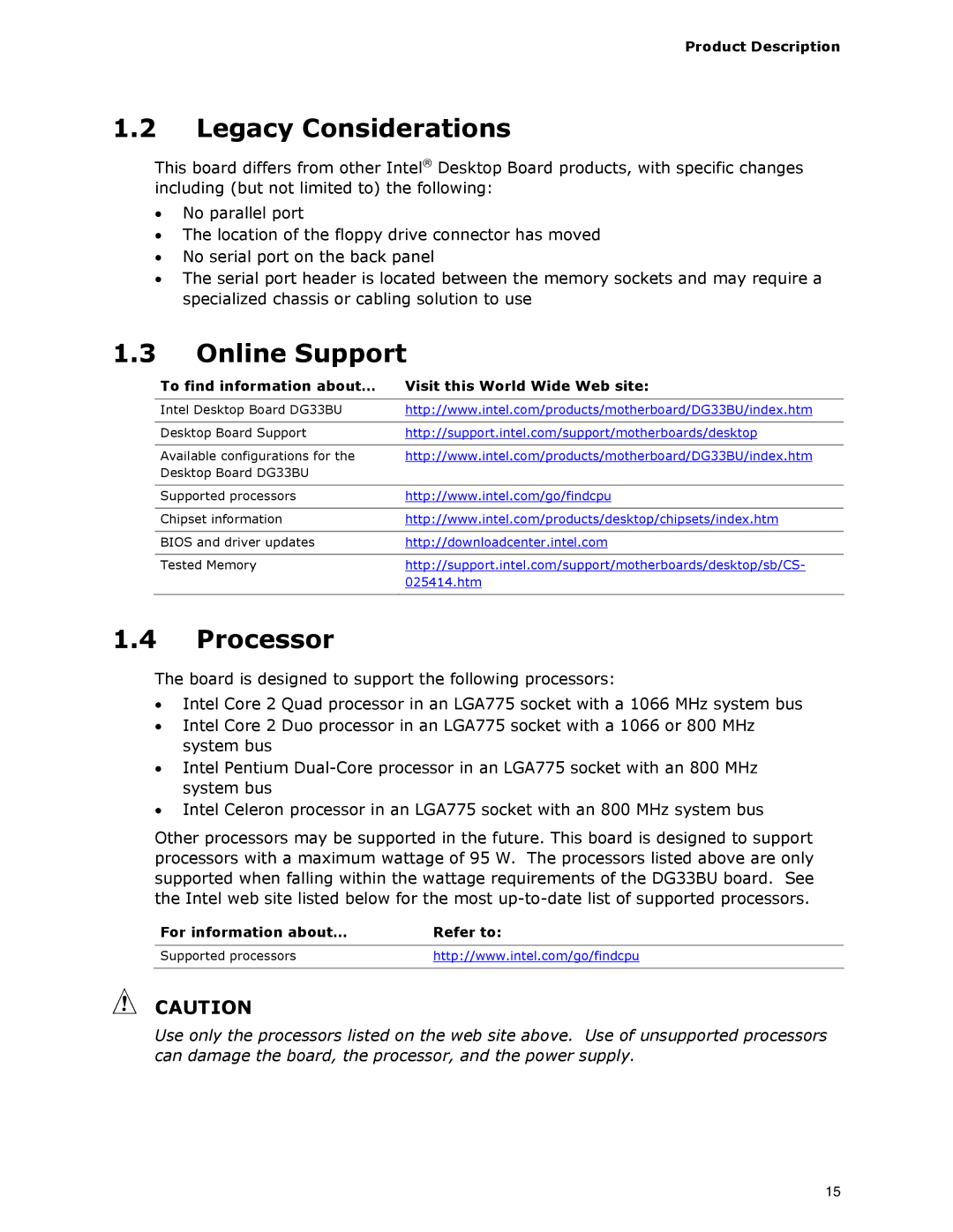 Intel DG33BU Legacy Considerations, Online Support, Processor, To find information about… Visit this World Wide Web site 