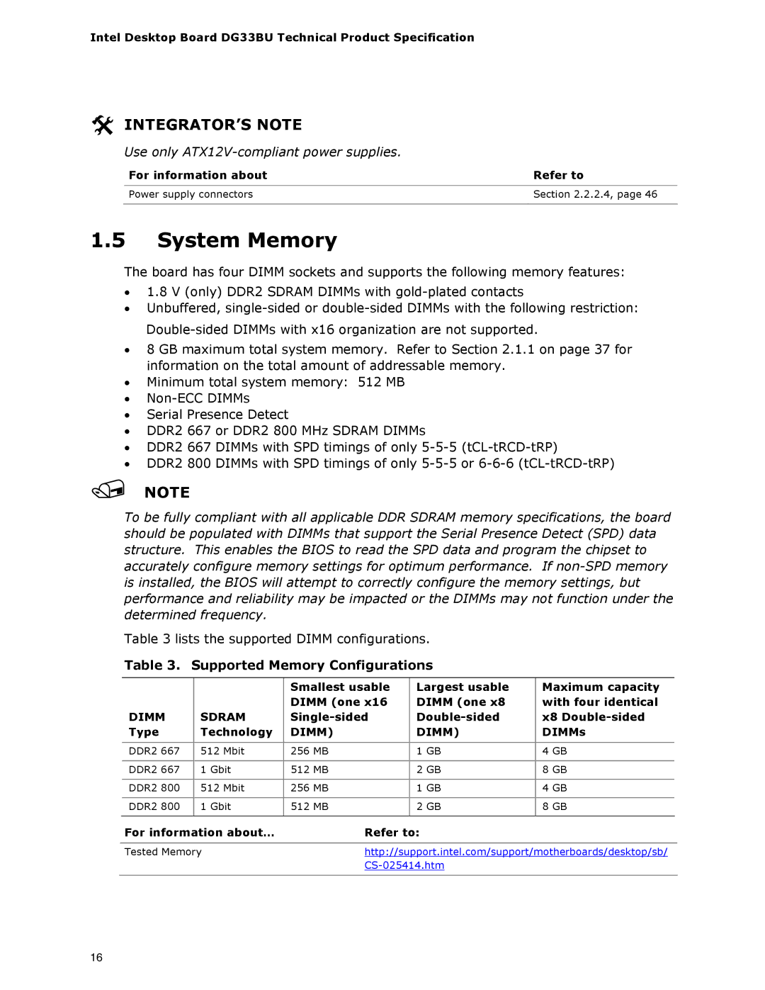 Intel DG33BU System Memory, Supported Memory Configurations, Single-sided Double-sided X8 Double-sided Type Technology 