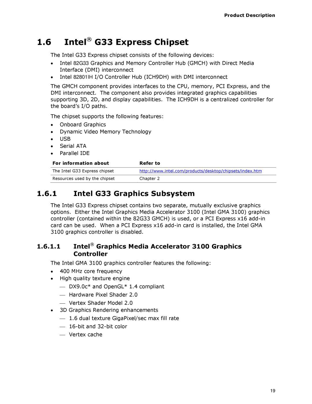 Intel DG33BU specifications Intel G33 Express Chipset, Intel G33 Graphics Subsystem 