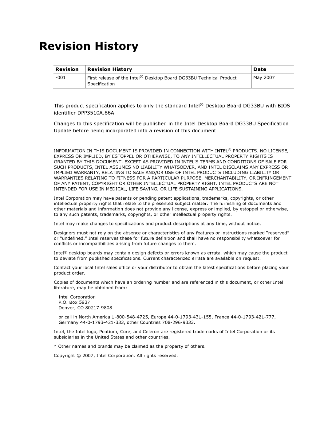 Intel DG33BU specifications Revision Revision History Date 