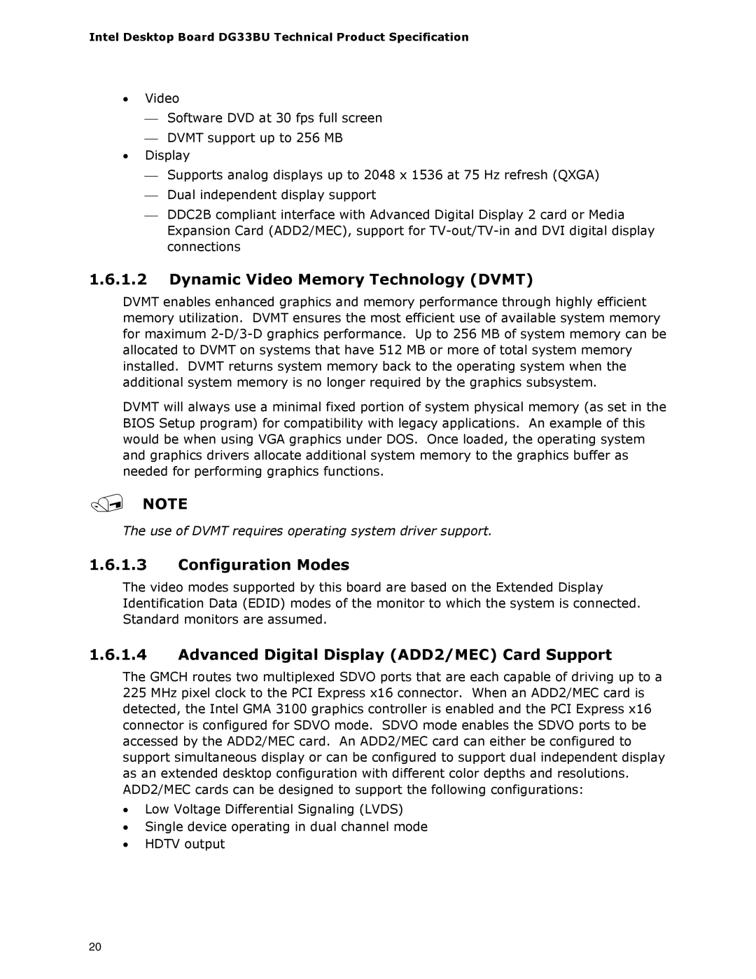 Intel DG33BU Dynamic Video Memory Technology Dvmt, Configuration Modes, Advanced Digital Display ADD2/MEC Card Support 