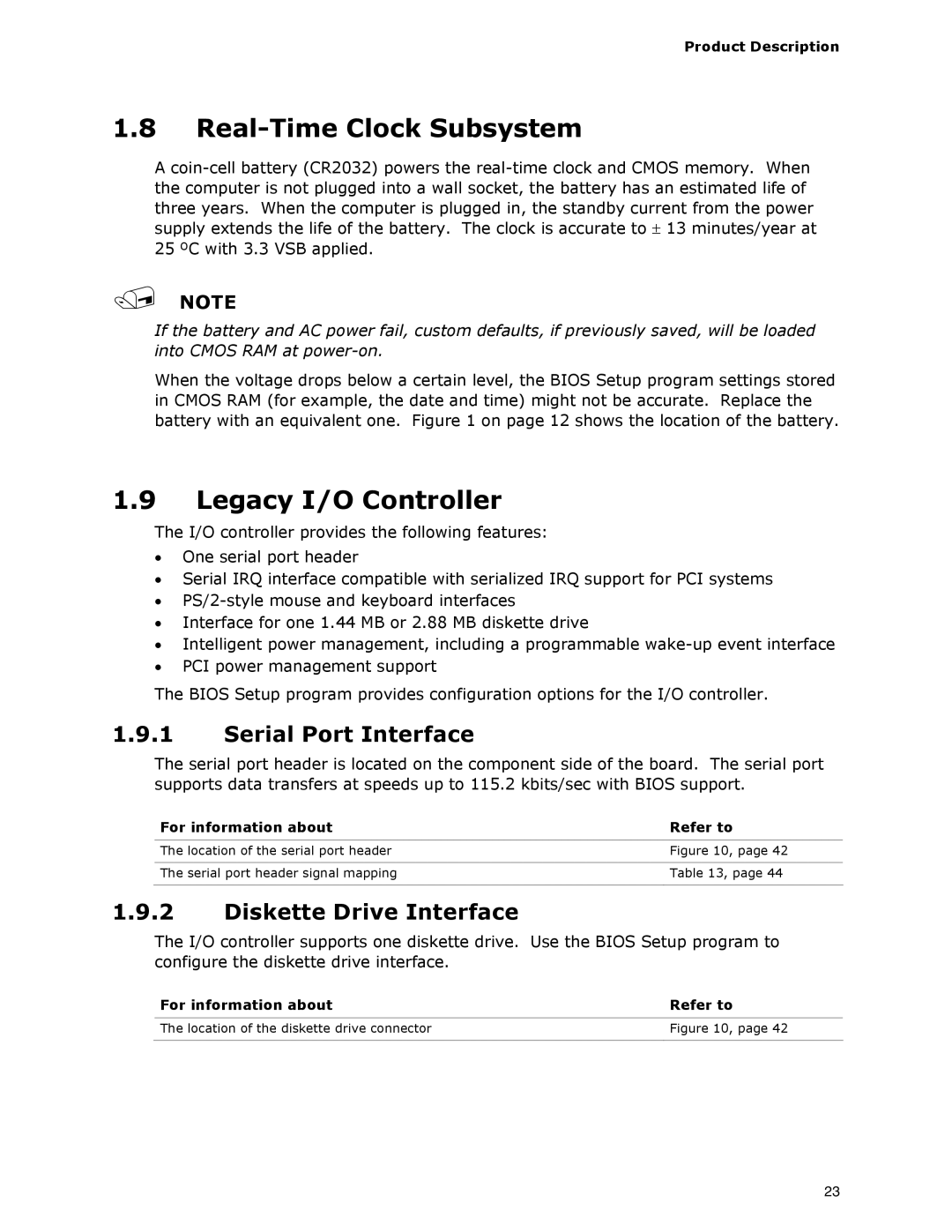 Intel DG33BU Real-Time Clock Subsystem, Legacy I/O Controller, Serial Port Interface, Diskette Drive Interface 