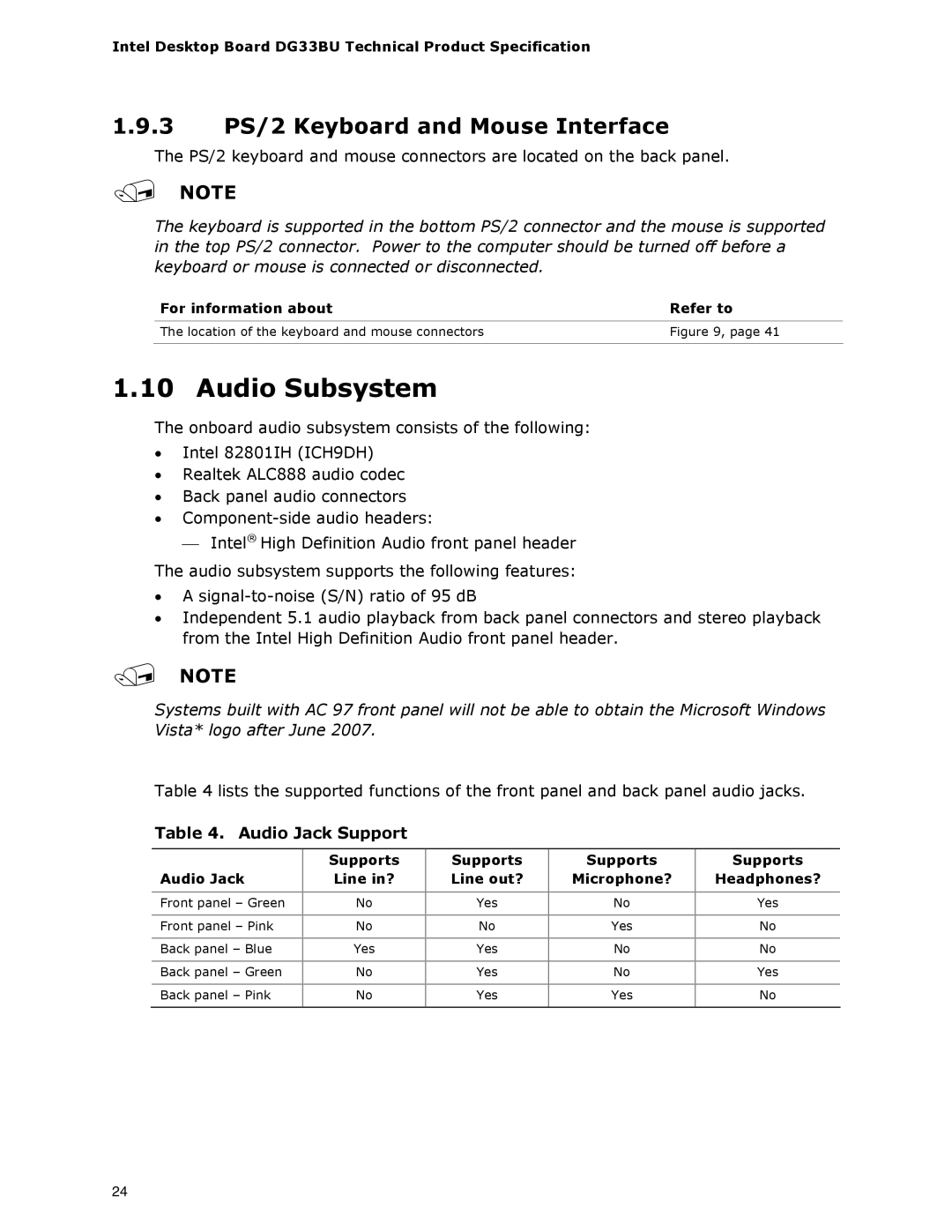 Intel DG33BU specifications Audio Subsystem, 3 PS/2 Keyboard and Mouse Interface, Audio Jack Support 