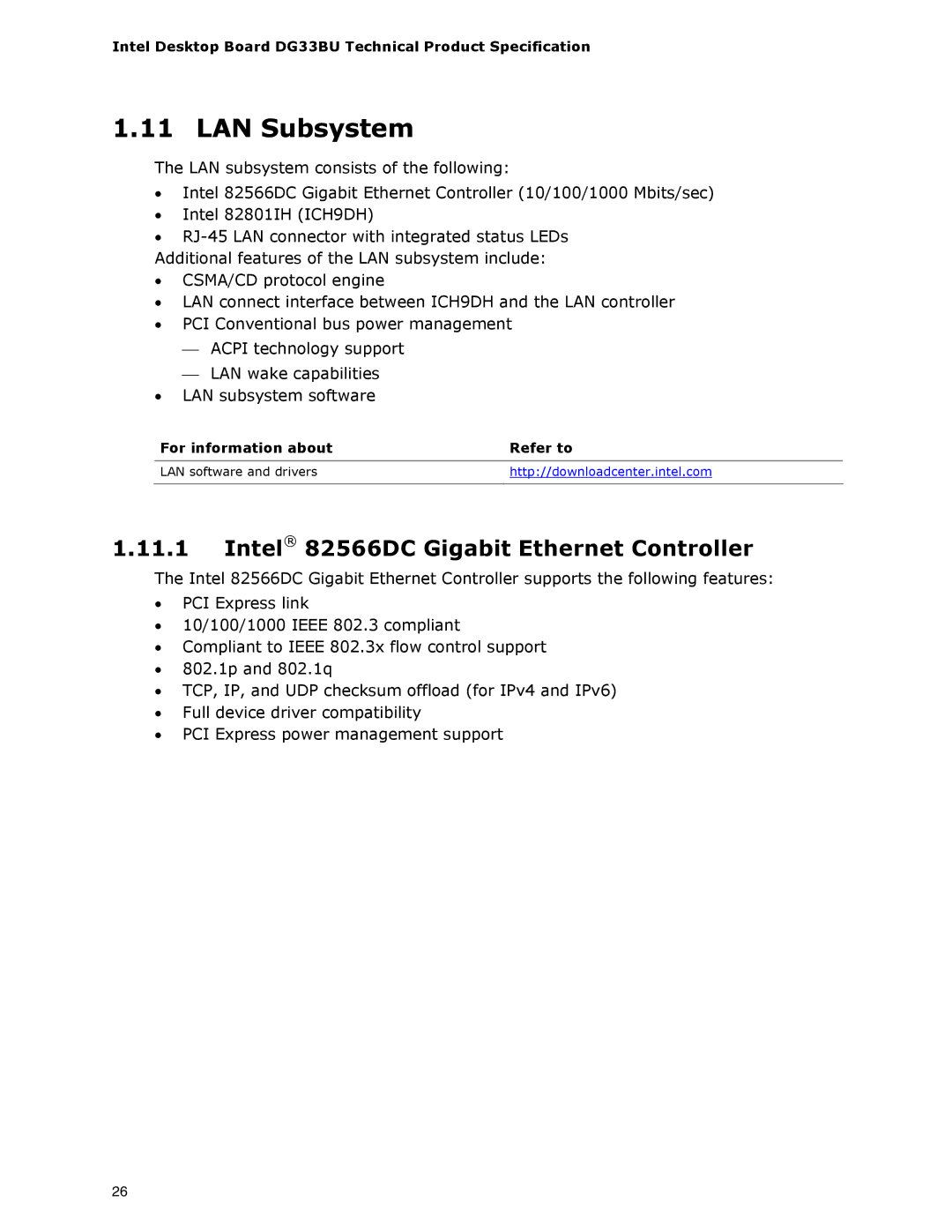 Intel DG33BU specifications LAN Subsystem, Intel 82566DC Gigabit Ethernet Controller 