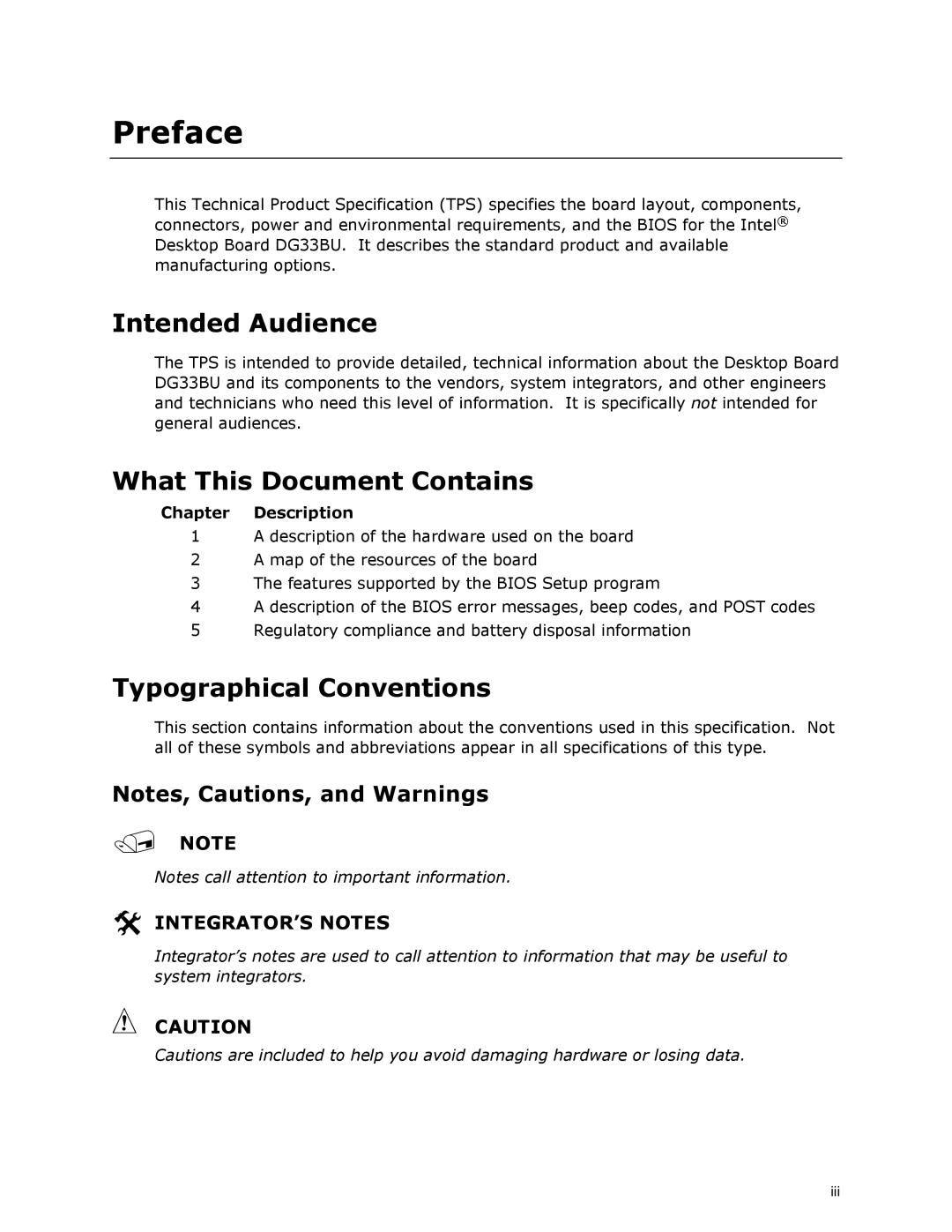 Intel DG33BU specifications Intended Audience, What This Document Contains, Typographical Conventions, Chapter Description 