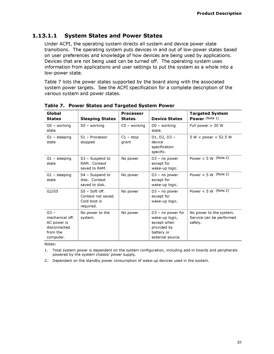 Intel DG33BU specifications System States and Power States, Power States and Targeted System Power 