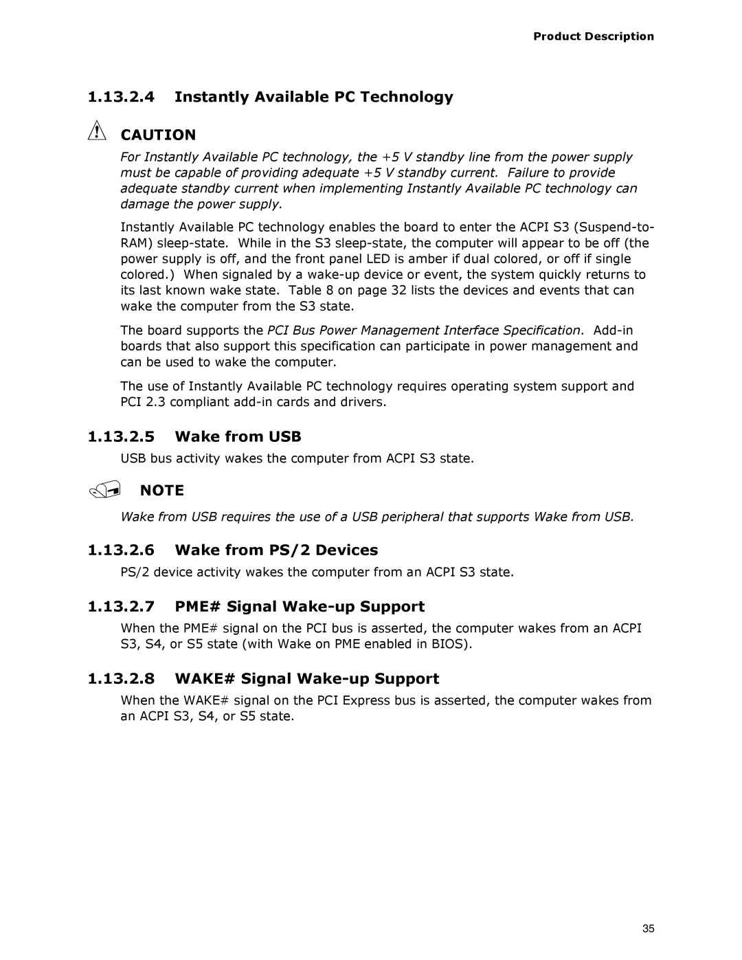 Intel DG33BU Instantly Available PC Technology, Wake from USB, Wake from PS/2 Devices, 13.2.7 PME# Signal Wake-up Support 