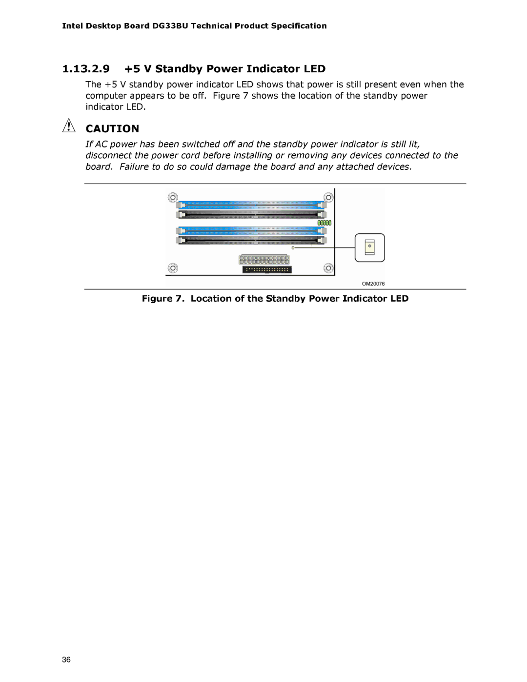 Intel DG33BU specifications 13.2.9 +5 V Standby Power Indicator LED, Location of the Standby Power Indicator LED 