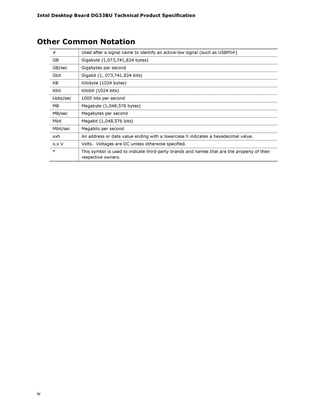 Intel specifications Other Common Notation, Intel Desktop Board DG33BU Technical Product Specification 