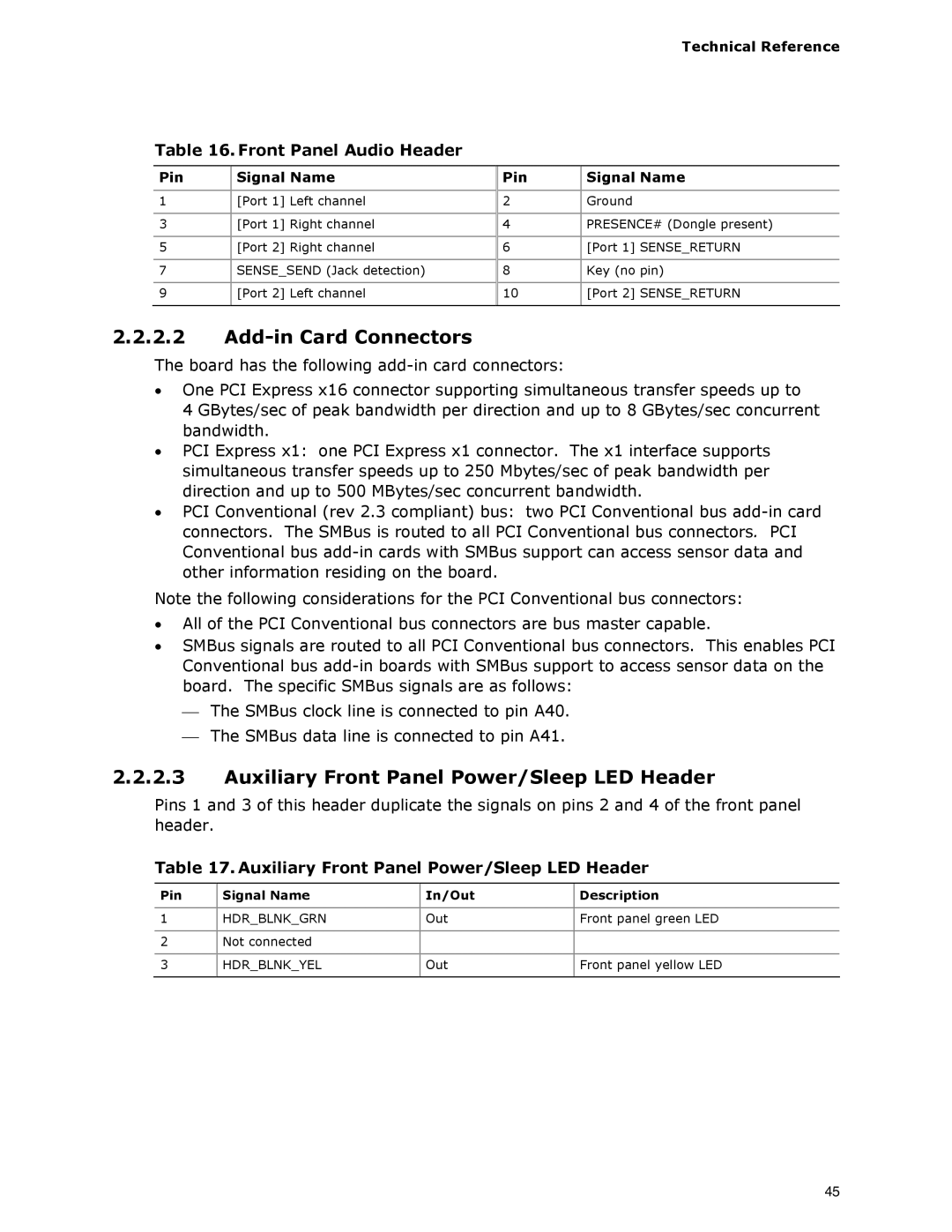 Intel DG33BU specifications Add-in Card Connectors, Auxiliary Front Panel Power/Sleep LED Header, Front Panel Audio Header 