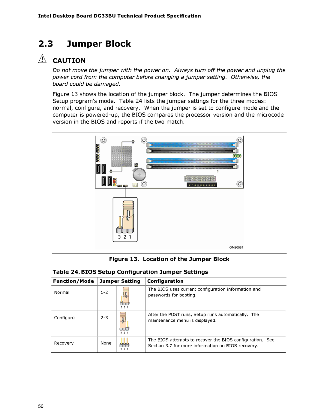 Intel DG33BU Jumper Block, Bios Setup Configuration Jumper Settings, Function/Mode Jumper Setting Configuration 