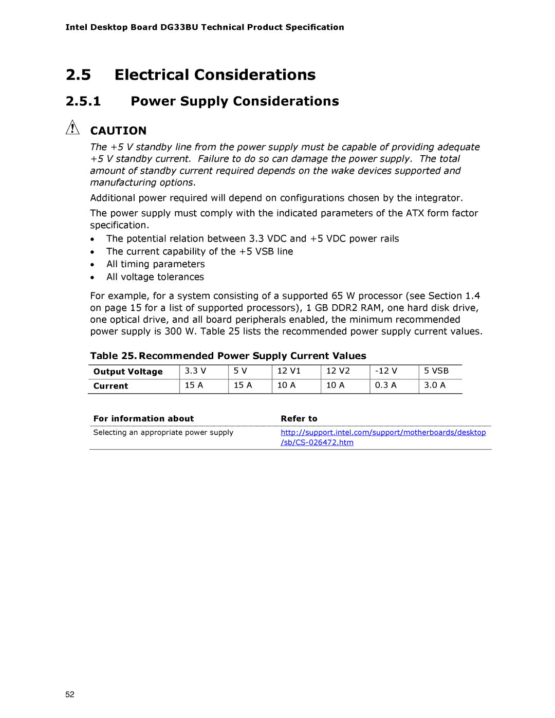 Intel DG33BU specifications Electrical Considerations, Power Supply Considerations, Recommended Power Supply Current Values 