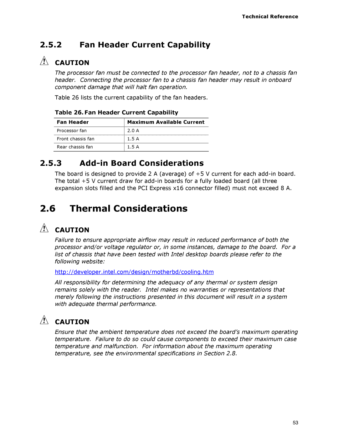 Intel DG33BU specifications Thermal Considerations, Fan Header Current Capability, Add-in Board Considerations 