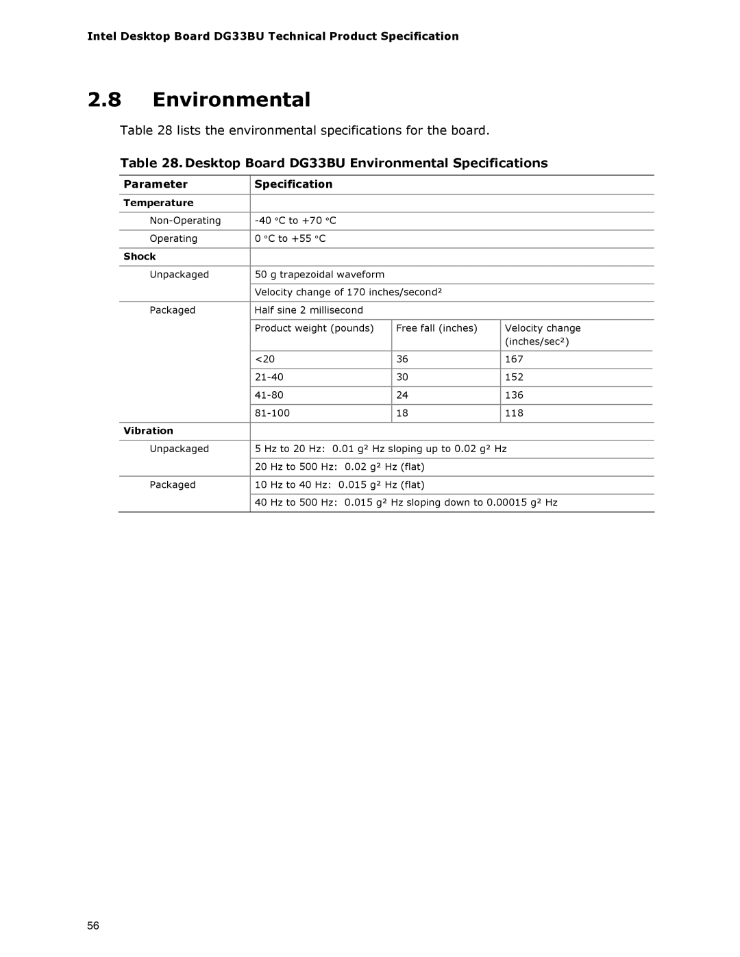 Intel specifications Desktop Board DG33BU Environmental Specifications, Parameter Specification 