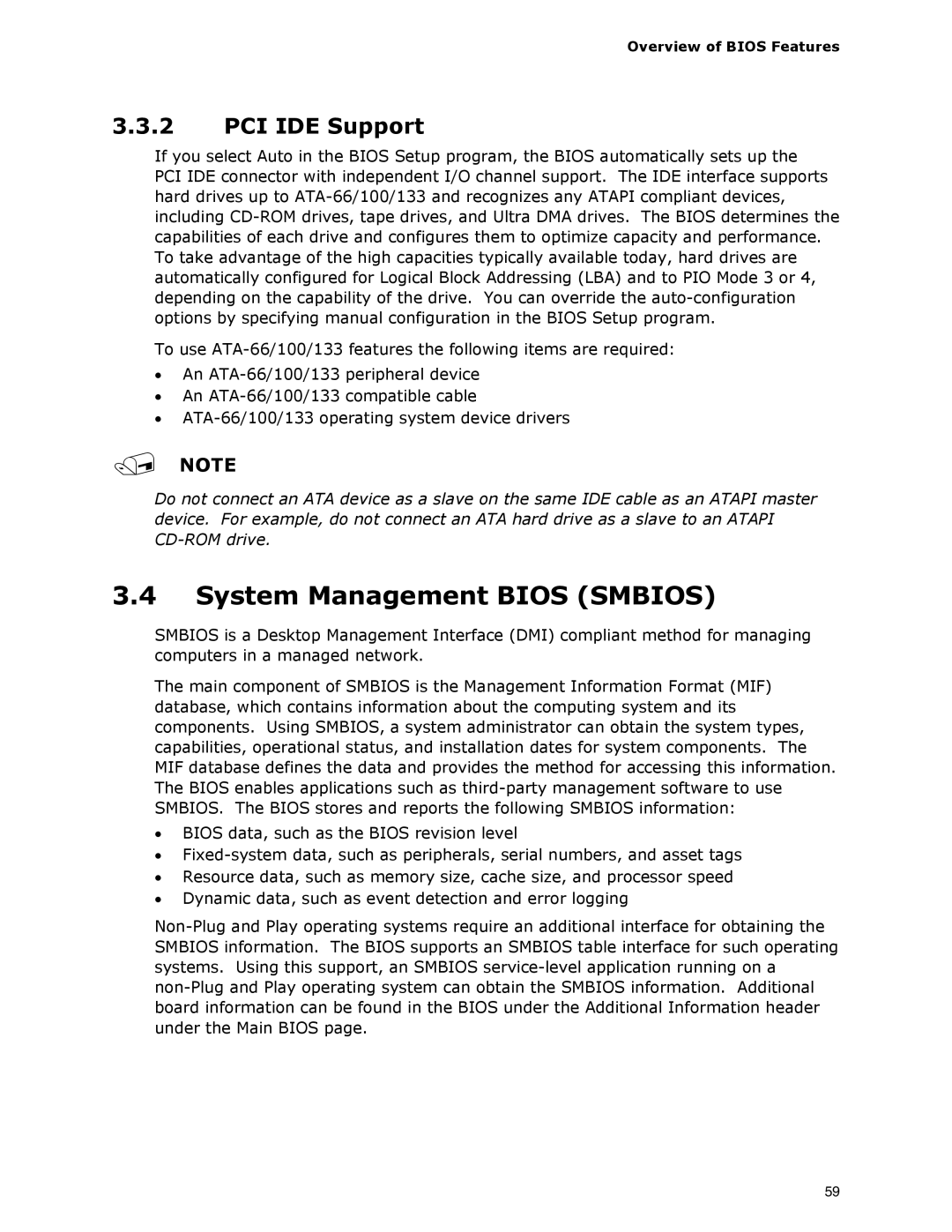 Intel DG33BU specifications System Management Bios Smbios, PCI IDE Support, Overview of Bios Features 