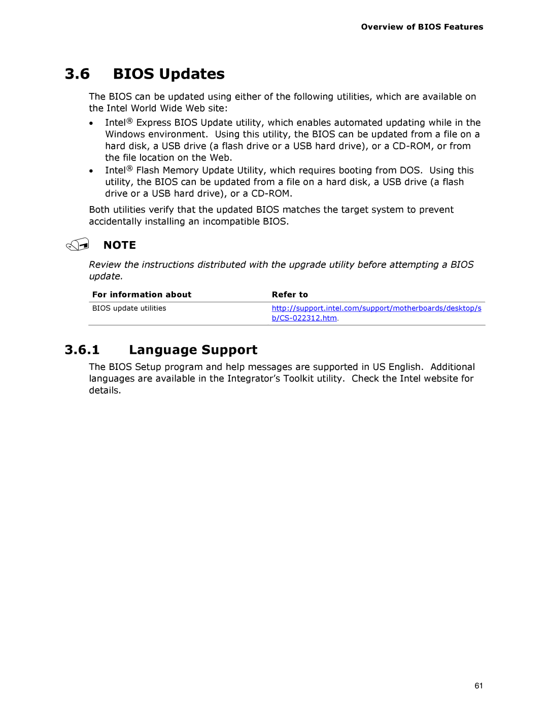 Intel DG33BU specifications Bios Updates, Language Support 