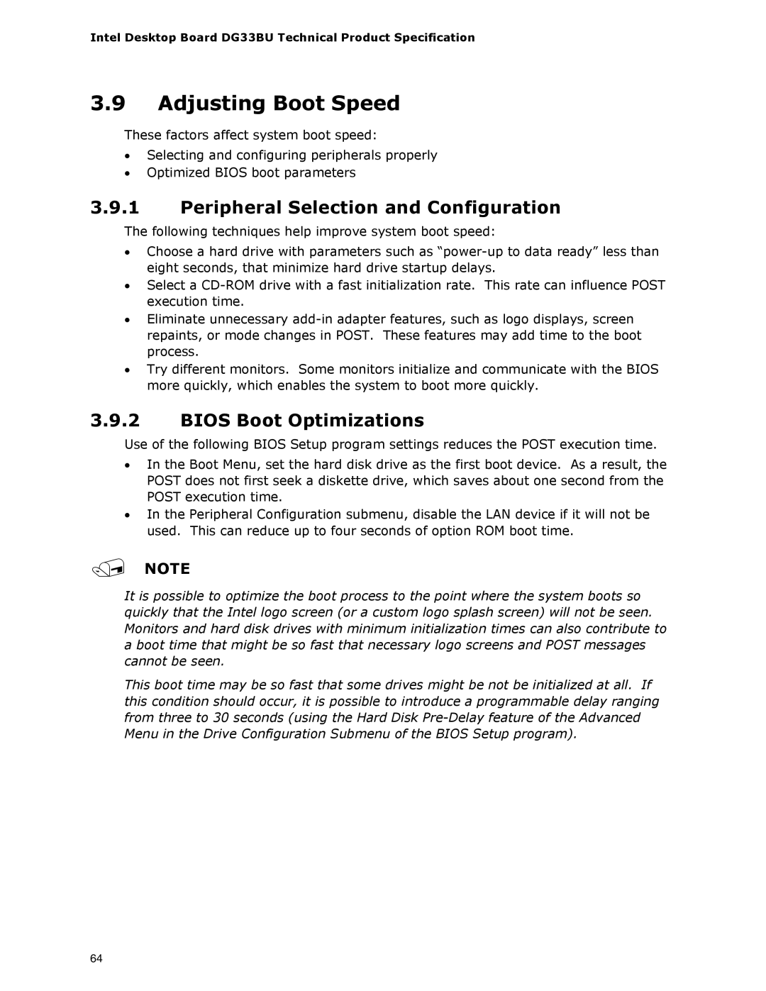 Intel DG33BU specifications Adjusting Boot Speed, Peripheral Selection and Configuration, Bios Boot Optimizations 