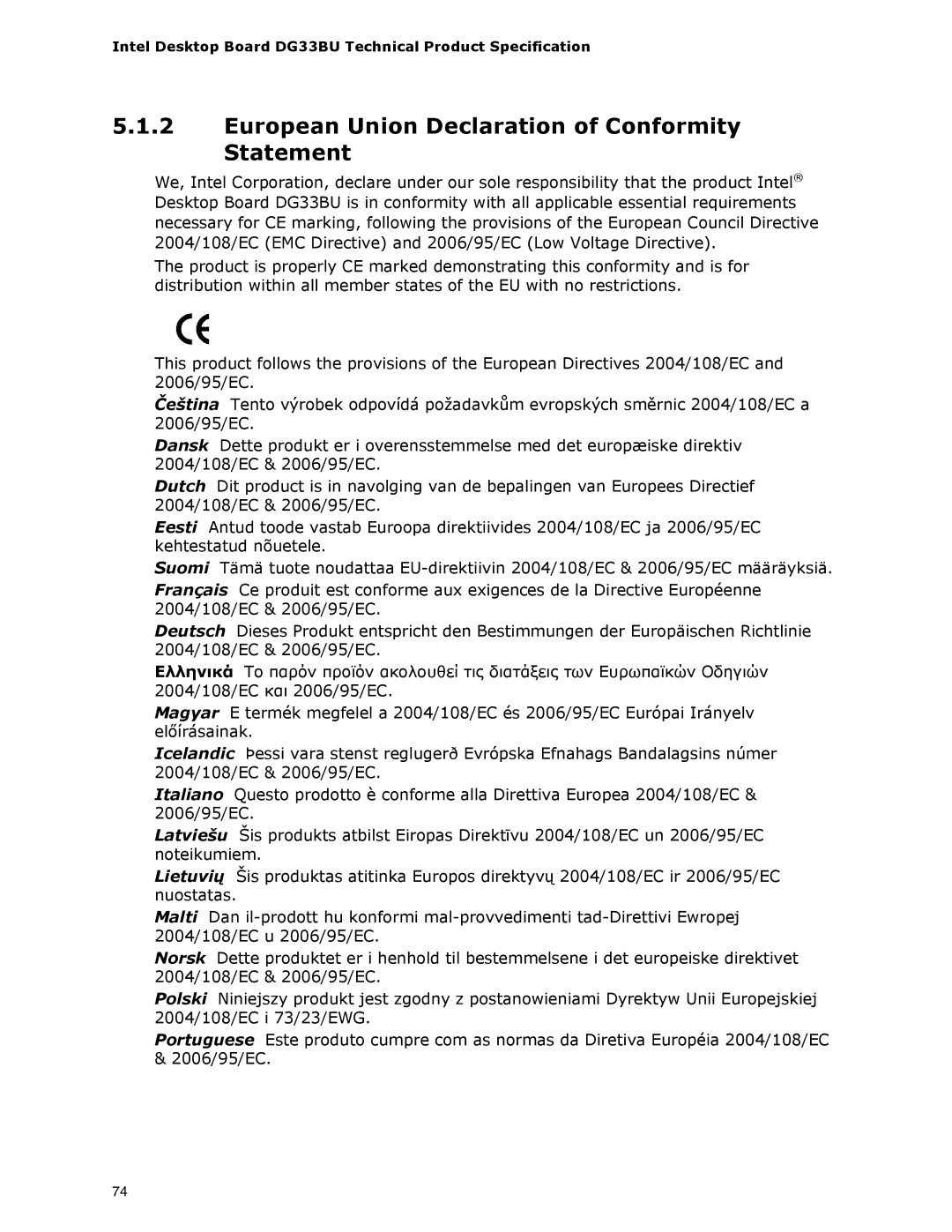 Intel DG33BU specifications European Union Declaration of Conformity Statement 