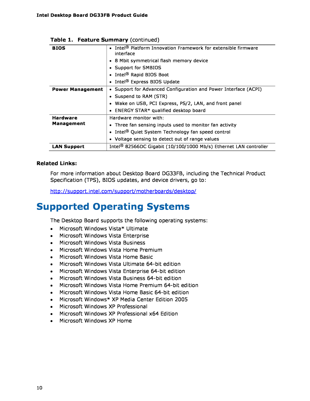 Intel DG33FB manual Supported Operating Systems, Feature Summary continued, Related Links 