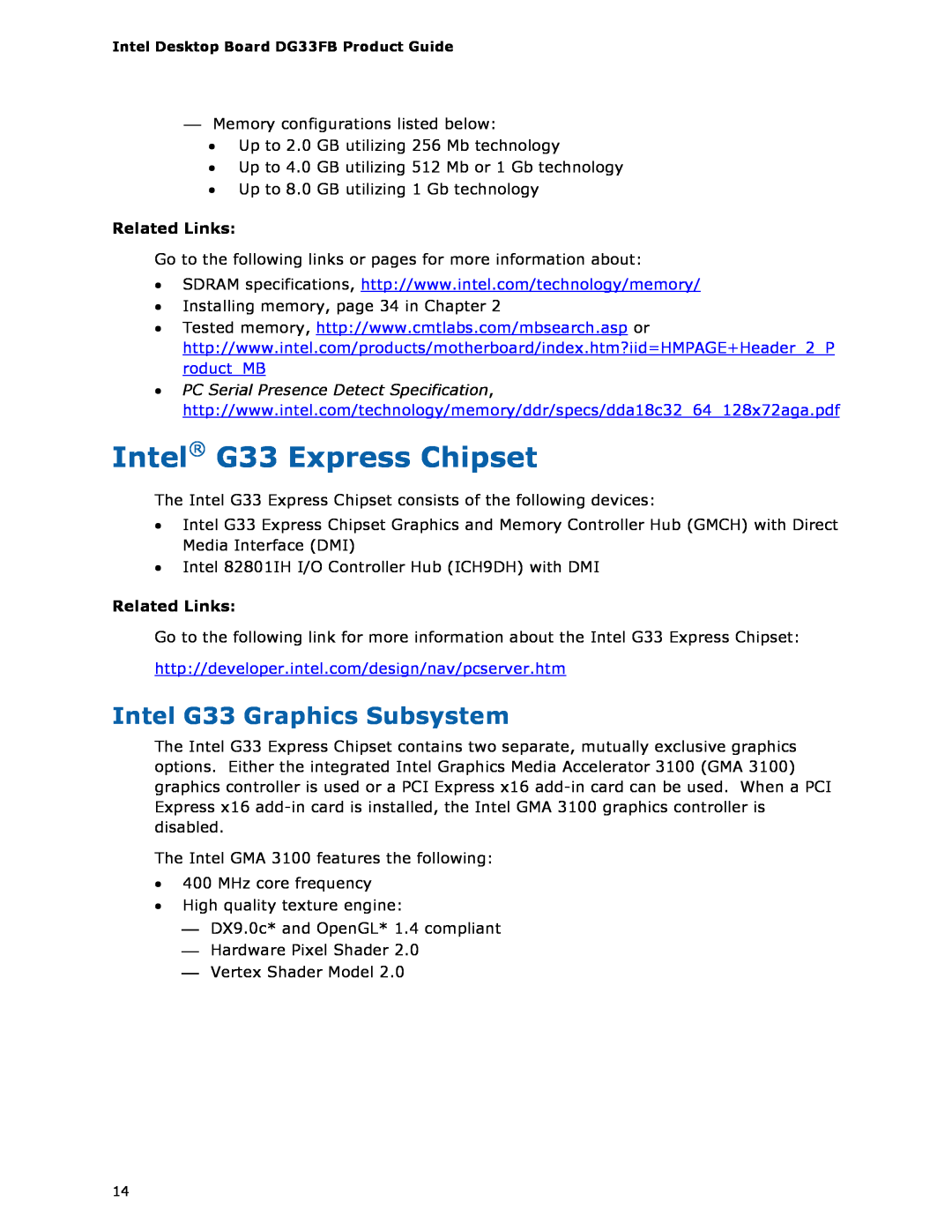 Intel DG33FB manual Intel G33 Express Chipset, Intel G33 Graphics Subsystem, Related Links 