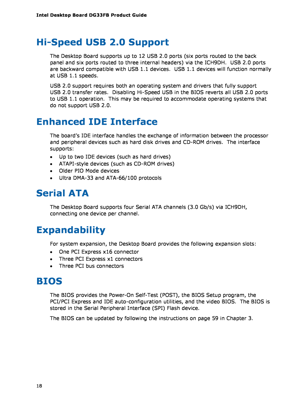 Intel DG33FB manual Hi-SpeedUSB 2.0 Support, Enhanced IDE Interface, Serial ATA, Expandability, Bios 